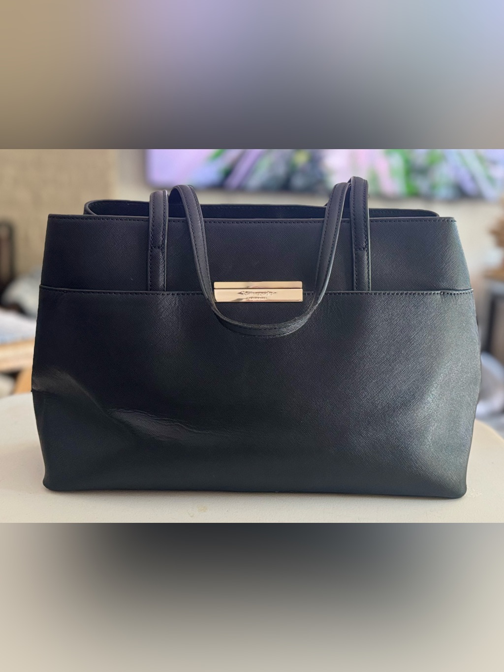 Kate Spade Black Structured Tote With Gold Plaque